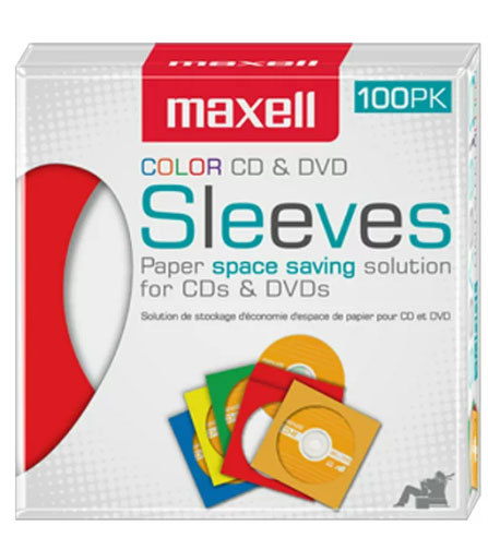 Maxell Color CD/DVD Paper Sleeves, 100 Pack